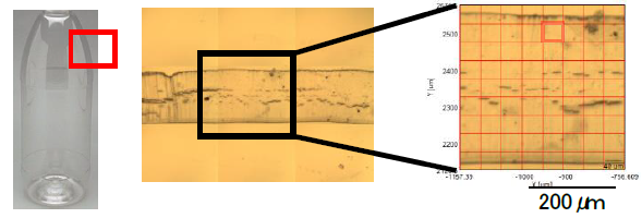 【図1】PETボトルの断面観察像
右図はマッピングの際のメッシュ（50μｍ□）
