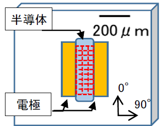 【図1】素子のイメージ図
電極間の赤で表示した部分をマッピング測定した（格子はマッピングのドットイメージ）
