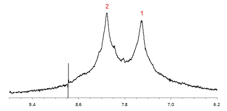 【図2】パラ系アラミド樹脂の1H-NMRスペクトル（赤字は帰属）
