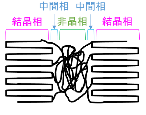 【図2】結晶相、非晶相、中間相の模式図
