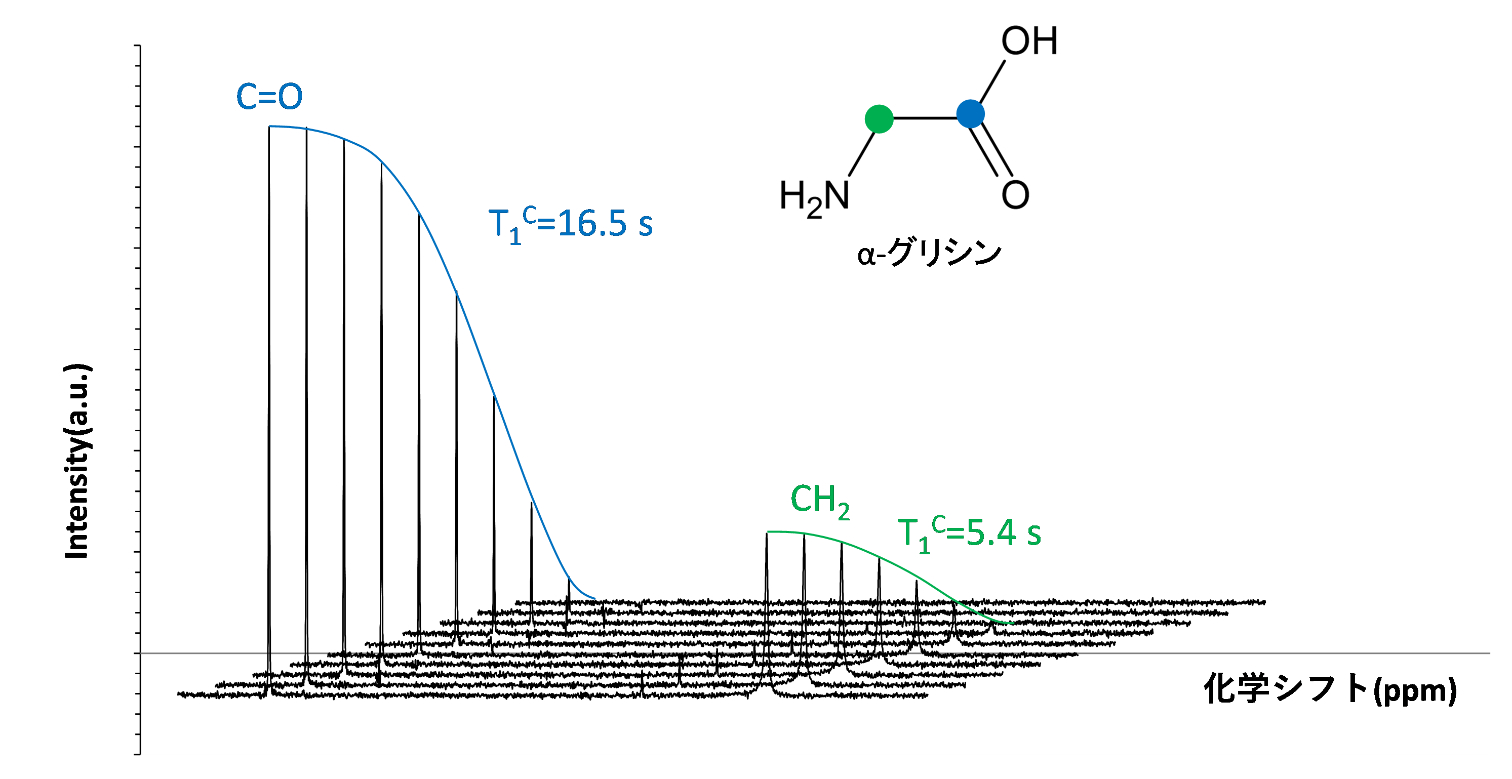 【図7】α –グリシンの13C Torchia測定結果(待ち時間 3s、積算回数 64回)
