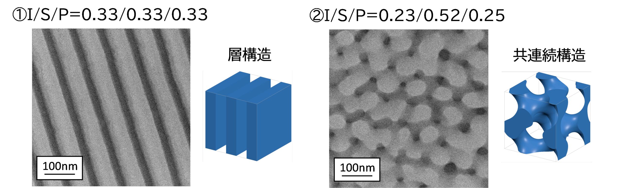 【図1】体積分率が異なるISPのTEM観察結果(Iドメインが染色により暗色に見える)